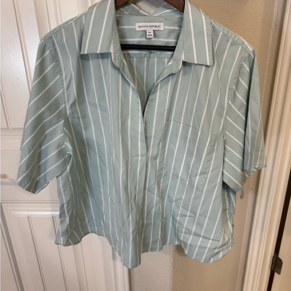 Banana Republic Mint-Striped Short Sleeve Collared Blouse